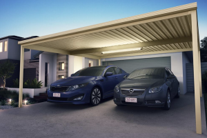 Secure car shelter, open garage protecting vehicles from the elements.